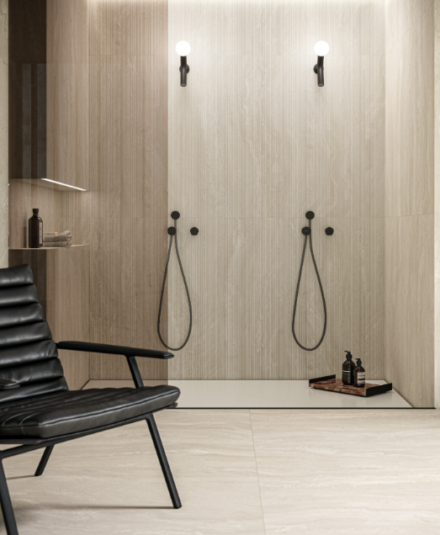Revêtement sol et mur en grès cérame-Collection Authentic Luxe - couleur Pearl Travertine-disponible chez Hydropolis