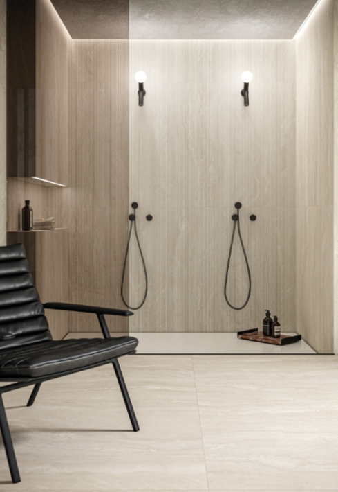 Revêtement sol et mur en grès cérame-Collection Authentic Luxe - couleur Pearl Travertine-disponible chez Hydropolis