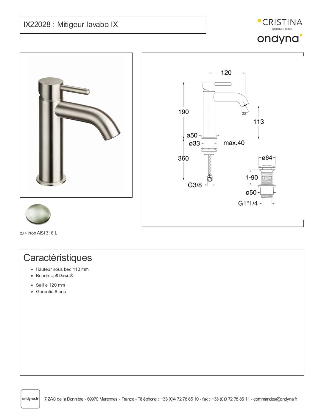 FICHE TECHNIQUE - Mitigeur lavabo IX22028