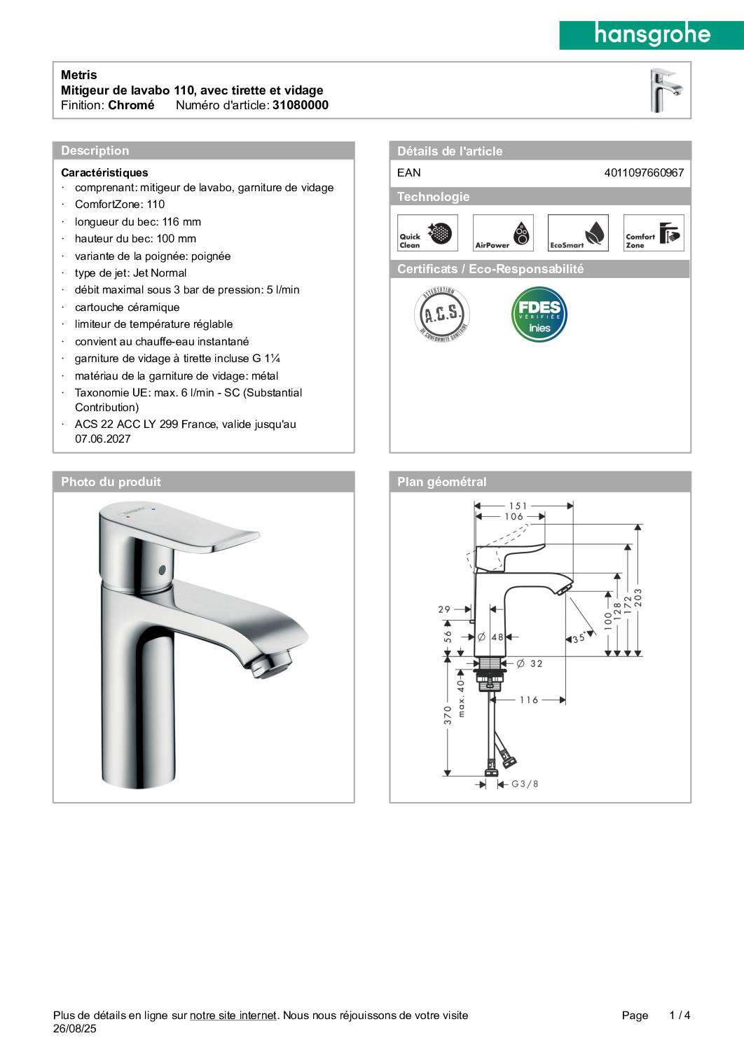 Fiche Technique_hansgrohe_Mitigeur_lavabo_110_Metris