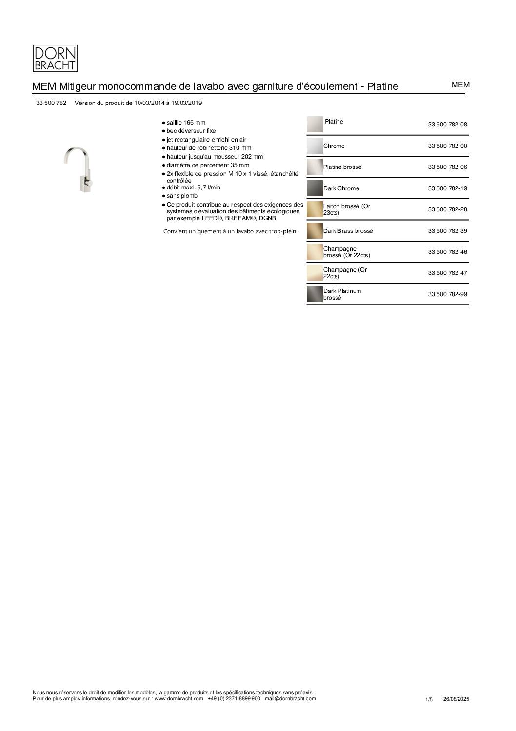 Fiche technique-Mitigeur lavabo monotrou Dornbracht MEM en platine brossé