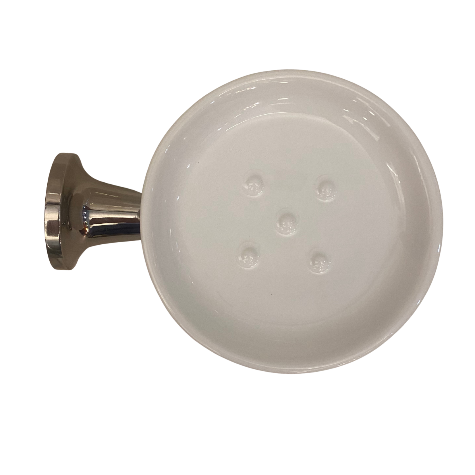 Porte-savon mural en nickel et céramique de Zucchetti, collection Agorà, vue du dessous - chez Hydropolis.