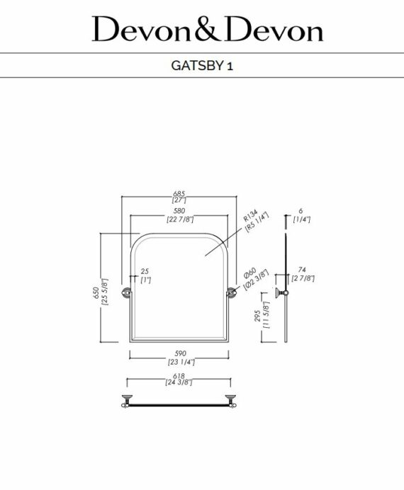 Fiche technique pour miroir inclinable Gatsby par Devon & Devon, chez Hydropolis.