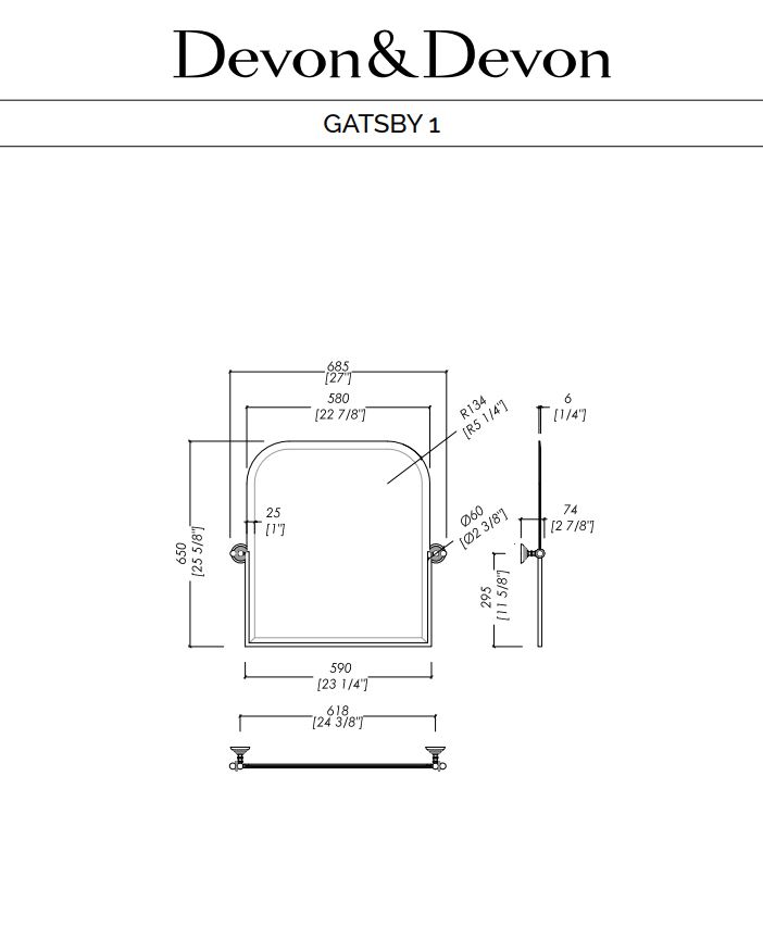 Fiche technique pour miroir inclinable Gatsby par Devon & Devon, chez Hydropolis.