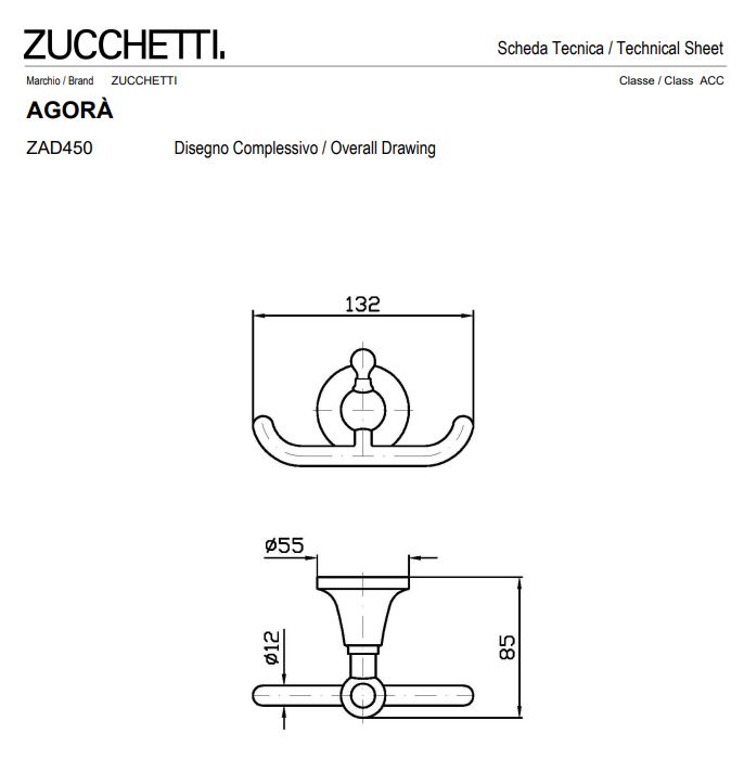 Fiche technique Patère double en nickel de chez Zucchetti, collection Agorà - chez Hydropolis.