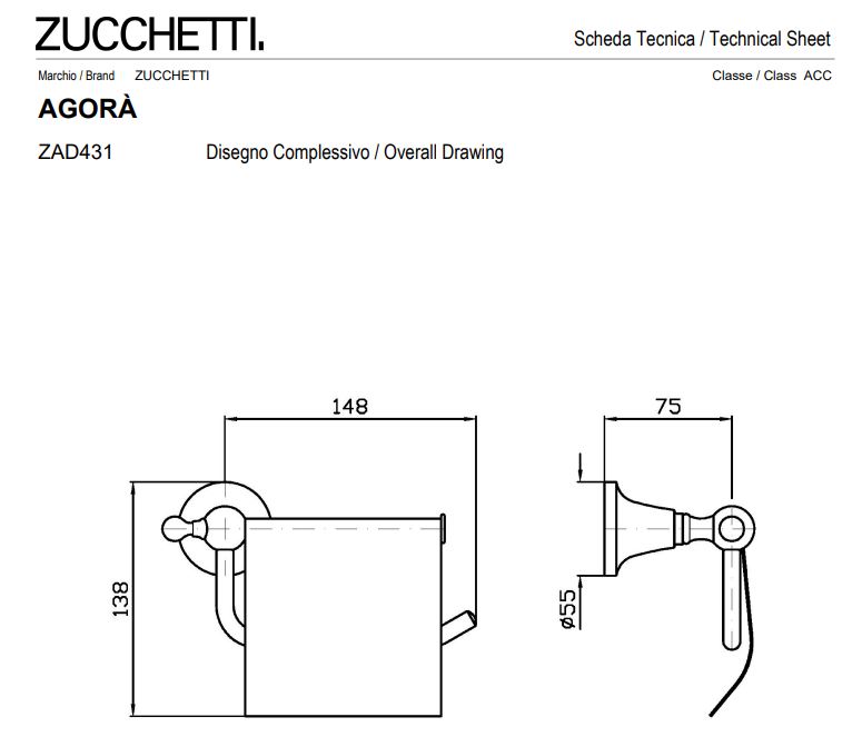 Fiche technique Porte-rouleau en nickel Zucchetti de la collection Agorà - chez Hydropolis.