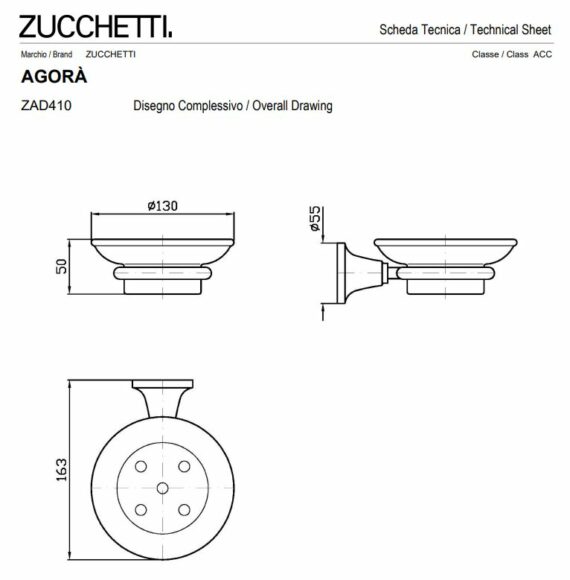 Fiche technique Porte-savon mural en chrome et céramique Zucchetti - chez Hydropolis.