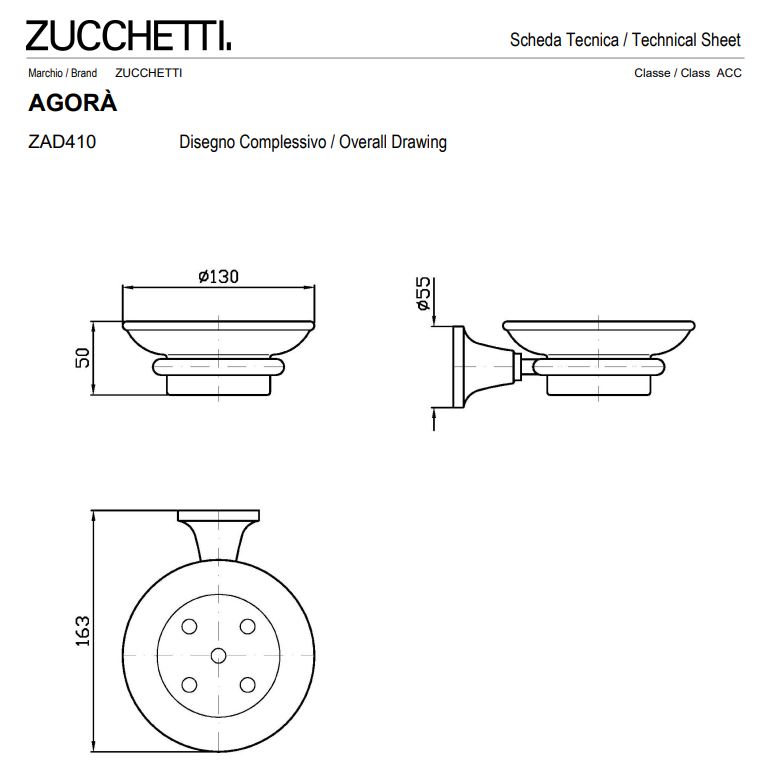 Fiche technique Porte-savon mural en chrome et céramique Zucchetti - chez Hydropolis.