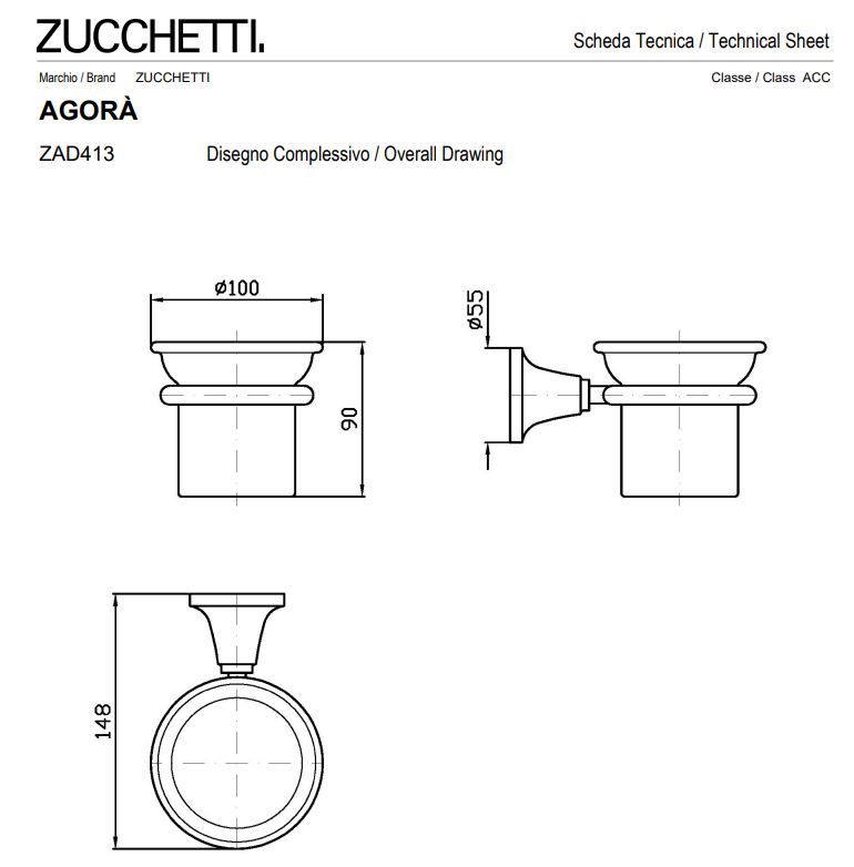 Fiche technique porte-verre mural Agora Zucchetti - chez Hydropolis.