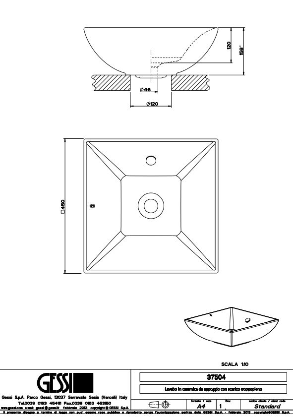 Fiche technique vasque carrée de la marque Gessi - chez Hydropolis.