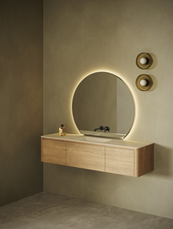 Meuble sous-vasque FUSE à 3 tiroirs, finition Wood S3 Natural Wild Oak 502. Plan de toilette FUSE simple de 2 cm en laque brillante beige - Chez Hydropolis.