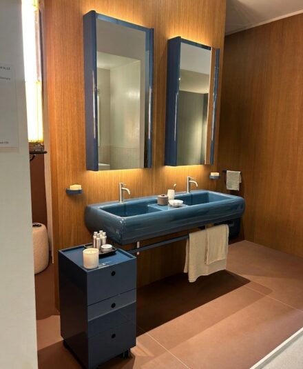 Dans la collection Teseo, le modelage de la matière devient un langage expressif : le lavabo se distingue par une double-vasque aux bords arrondis. La collection est complétée par des une armoire de toilette et un meuble au sol à roulettes aux lignes rectangulaires.